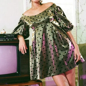 LPA Beatrix Mini Dress Off the Shoulder Black Gold Puff Sleeve Polka Dot S